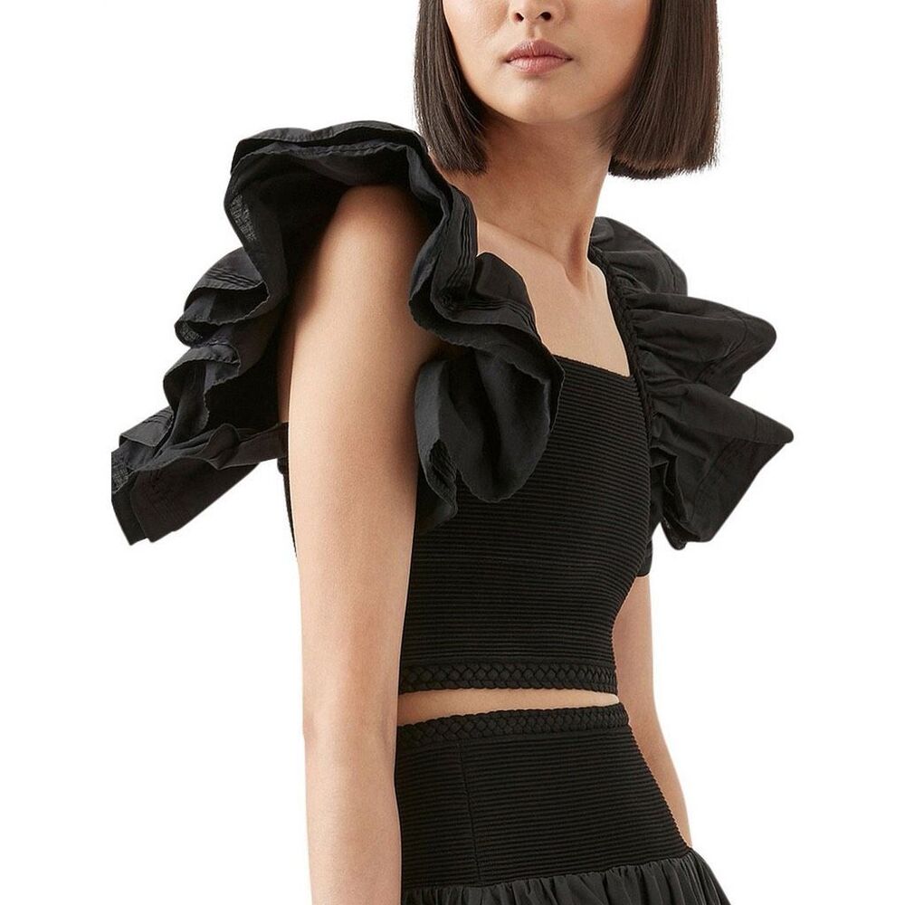 Aje. Corinne Ruffled Ribbed Crop Top - Black - Picture 2 of 11